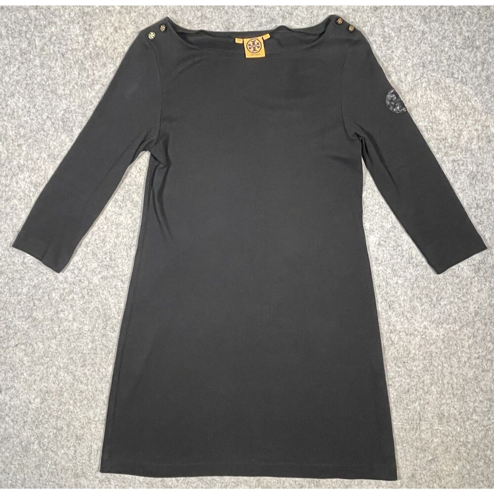 Tory Burch Black Dress 3/4 sleeve Boat Neck Logo Shoulder Buttons Size Large